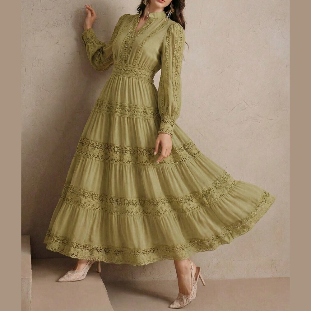 Sage Green Lace Trim Tiered Notched Neck Long Sleeve Maxi Dress